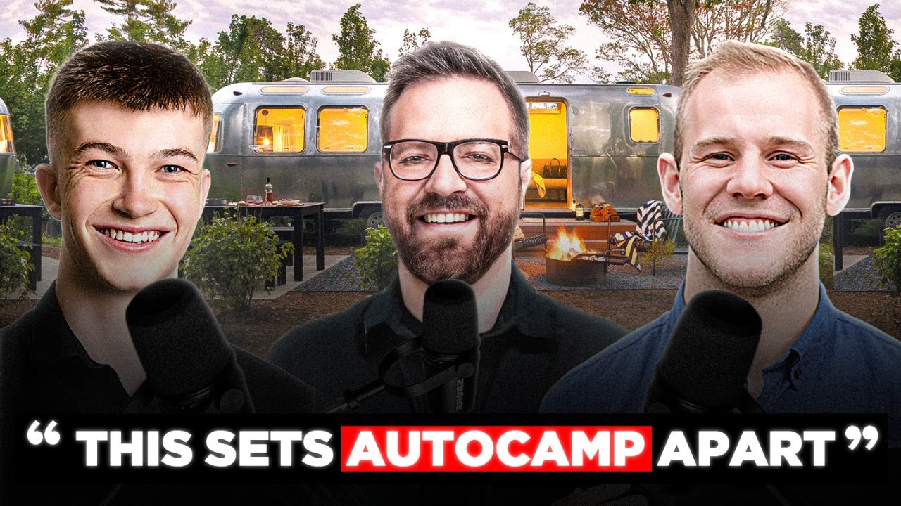 Three men smiling in front of an Airstream trailer at an outdoor glamping site with a campfire, with the text 'This Sets AutoCamp Apart' overlayed in bold.