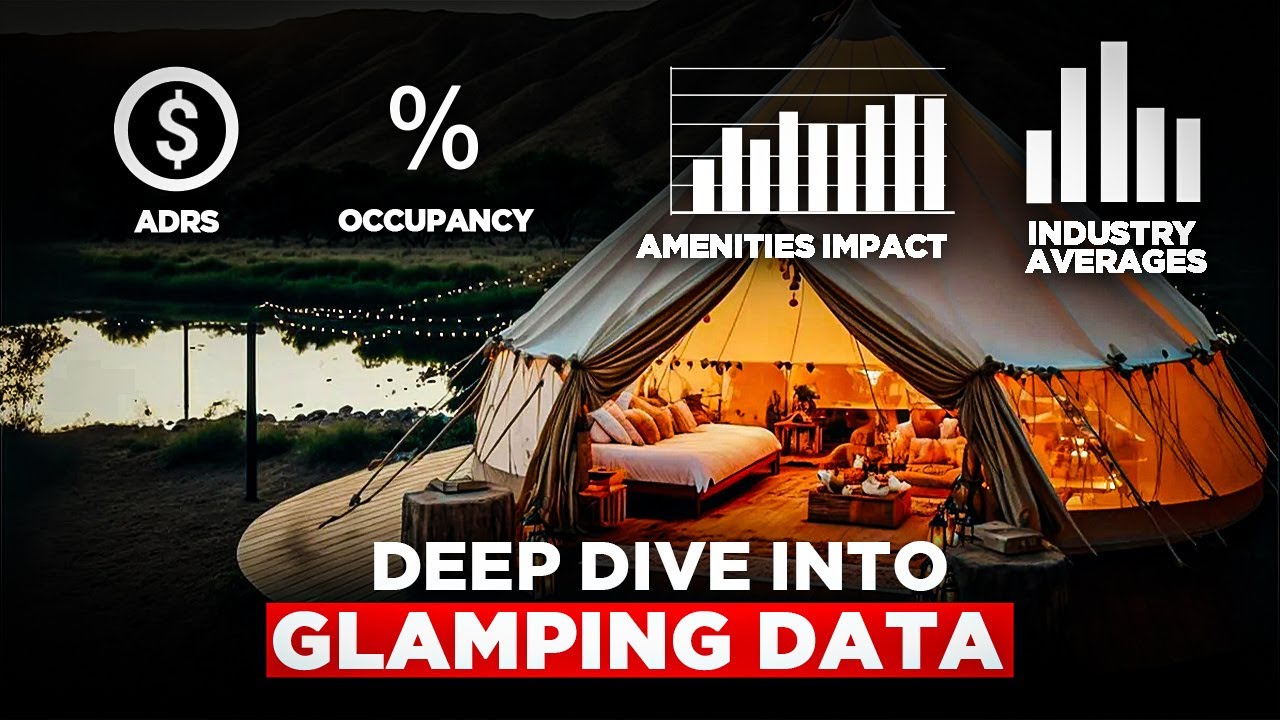 An inviting glamping tent setup at night, illuminated with warm string lights, featuring cozy interior decor. Overlaid data visuals include ADRs, occupancy percentages, amenities impact, and industry averages, with text reading 'Deep Dive into Glamping Data.