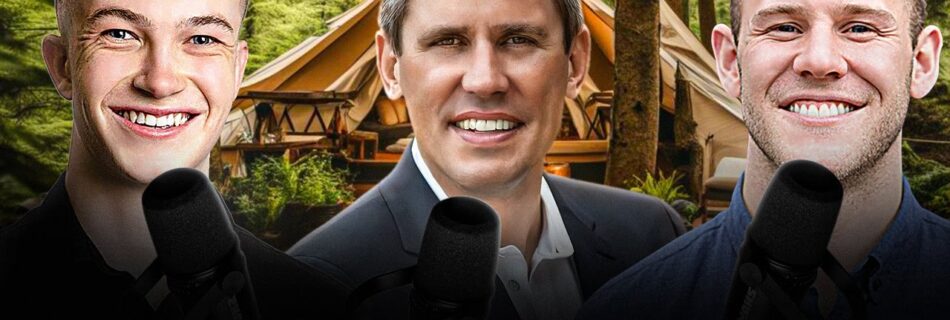 The image shows three men, each with microphones in front of them, suggesting a podcast or interview setup. Behind them is a background of lush green trees and a large, luxurious tent, possibly a glamping site. The text at the bottom reads, "Pick the Right Form of Capital," highlighting the podcast's focus on financial or investment discussions related to outdoor hospitality or glamping. The central figure is wearing a suit, while the other two are more casually dressed, smiling warmly. Sage Outdoor Advisory.