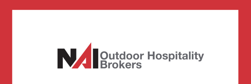 A digital graphic with a red background featuring the title "Partner Spotlight:" in bold white text at the top. Below, a centered white box displays the NAI Outdoor Hospitality Brokers logo, which consists of the letters "NAI" in black and red, followed by "Outdoor Hospitality Brokers" in gray text. The design highlights Sage Outdoor Advisory’s feature of NAI Outdoor Hospitality Brokers as a key industry partner.