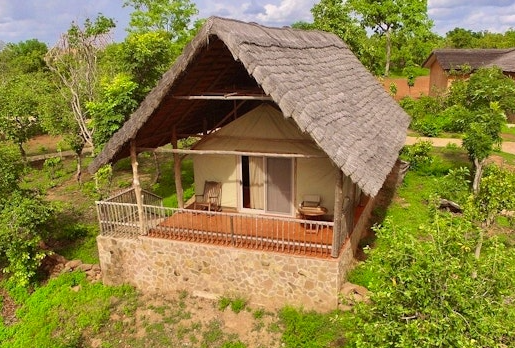 A luxury glamping tent at Zaina Lodge in Ghana, featuring a thatched roof, stone foundation, and a private veranda overlooking lush greenery. This elevated safari tent blends natural materials with modern comfort, reflecting the premium outdoor hospitality experiences that Sage Outdoor Advisory evaluates in its feasibility studies.