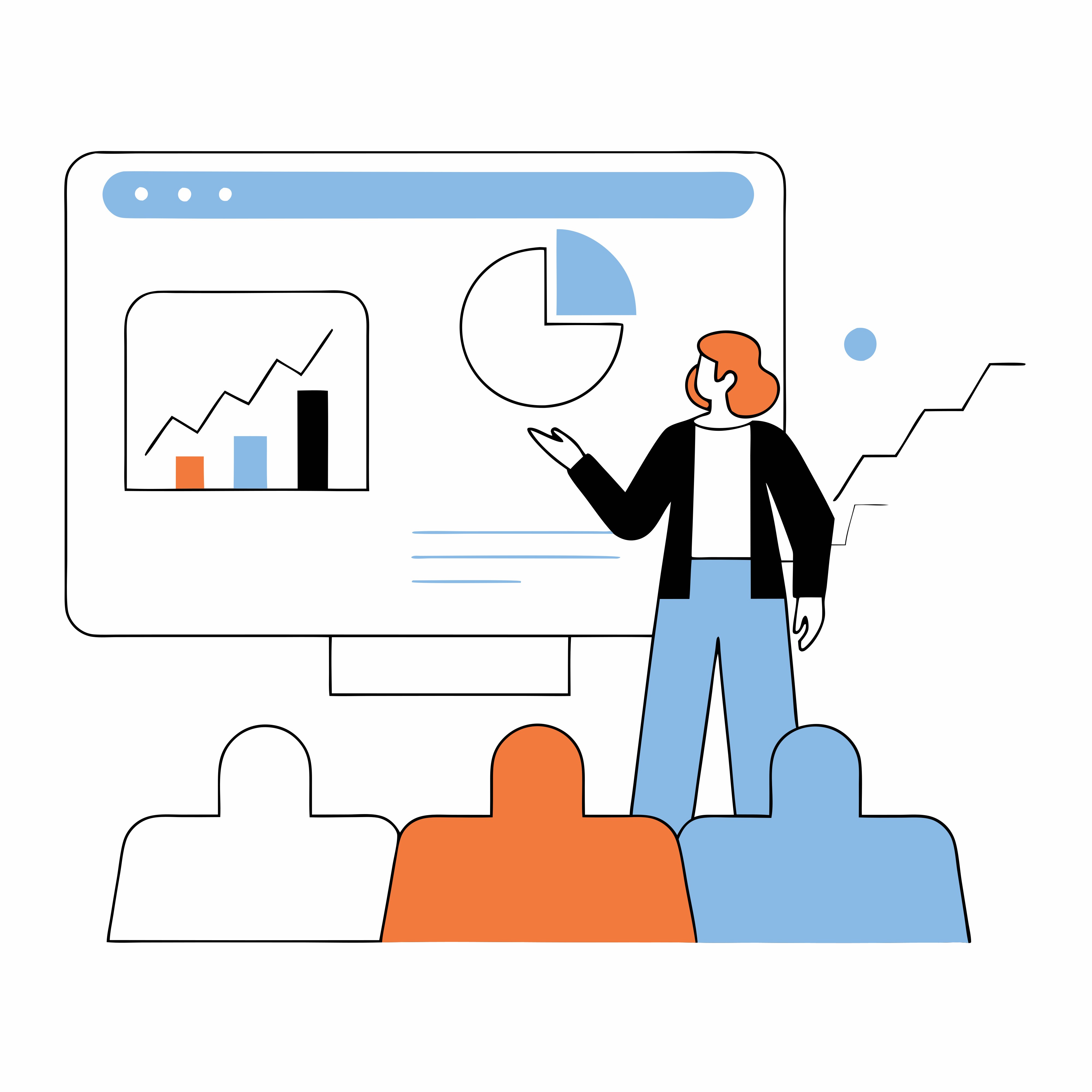 A stylized digital illustration of a presenter with red hair wearing a black jacket and blue pants, standing in front of a large screen displaying pie charts and bar graphs. The audience, depicted as simple silhouettes in white, orange, and blue, watches attentively as the presenter gestures towards the data. Sage Outdoor Advisory provides data-driven insights to help businesses in the outdoor hospitality industry make informed decisions.
