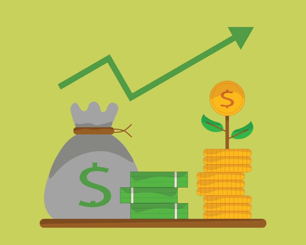 A financial-themed digital illustration featuring a green upward-trending arrow in the background. In the foreground, there is a money bag with a dollar sign, stacks of cash, and a plant growing from stacked gold coins, symbolizing financial growth and investment success. Sage Outdoor Advisory helps businesses in the outdoor hospitality industry secure financing and achieve long-term growth.