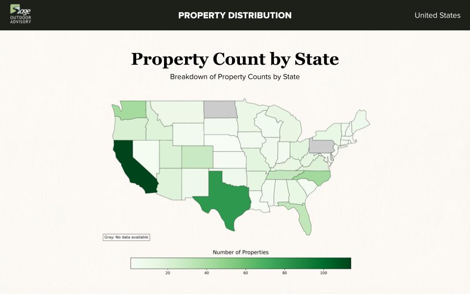Map showing the number of glamping properties by state across the United States. Texas and California lead with the highest property counts, indicating mature markets. This distribution is critical for feasibility studies, helping stakeholders assess market saturation, competitive density, and expansion opportunities within the outdoor hospitality industry.