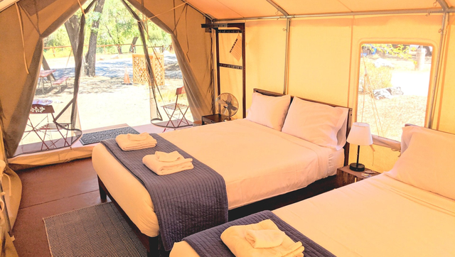 Interior of a double queen bed canvas tent, designed for family glamping getaways—highlighted in Sage Outdoor Advisory’s feasibility study research for multi-guest lodging options.