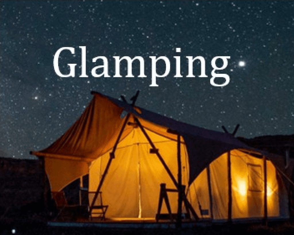 A cozy and luxurious glamping tent illuminated from within, set against a starry night sky. The word 'Glamping' is prominently displayed at the top, capturing the essence of glamorous camping.