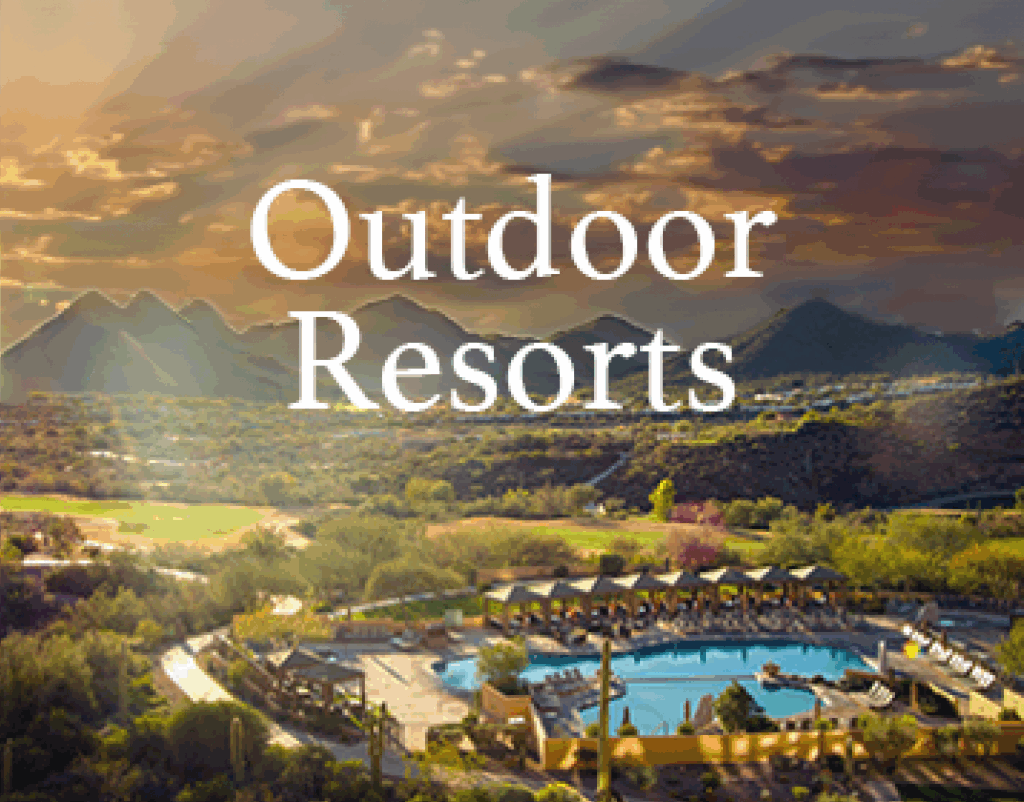 A panoramic view of an outdoor resort with a large swimming pool, surrounded by greenery and mountains in the background. The sky is filled with dramatic clouds and sun rays. The word 'Outdoor Resorts' is prominently displayed at the top.