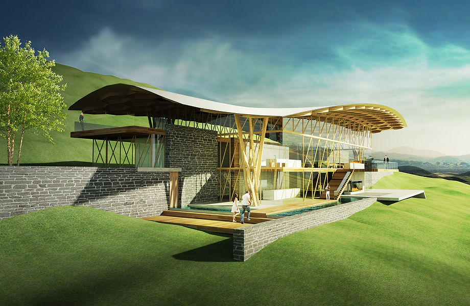 Conceptual architectural rendering of a contemporary hillside resort with curved wooden roofing, glass walls, and stone retaining walls, overlooking green rolling hills.
Sage Outdoor Advisory works closely with development teams to guide the strategic planning and market positioning of properties like these from day one.