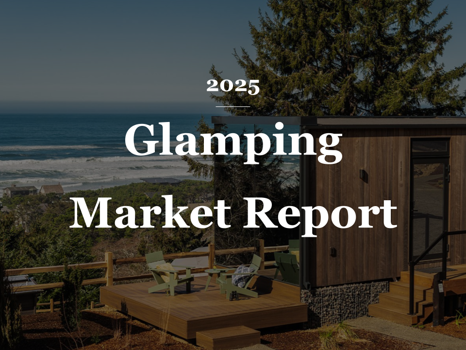 Cover image for the 2025 Glamping Market Report featuring a modern wood-clad glamping unit with a private deck overlooking the ocean. Produced by Sage Outdoor Advisory, the report provides in-depth analysis and trends for the glamping, campground, RV resort, outdoor resort, and marina sectors.