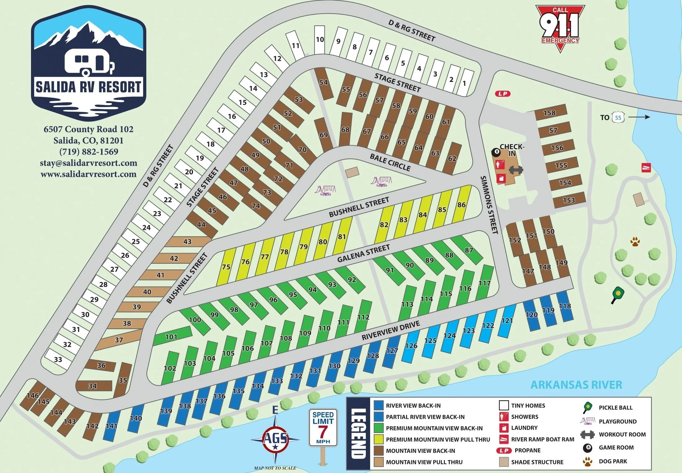 Color-coded site map of Salida RV Resort in Colorado, showing river view sites, mountain view sites, tiny homes, and resort amenities such as a dog park, game room, and pickleball courts. Sage Outdoor Advisory provides feasibility studies, appraisals, and consulting to guide site planning and optimize outdoor resort operations.