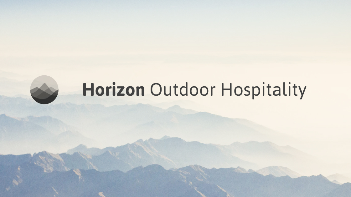Horizon Outdoor Hospitality logo over a mountain landscape background. Sage Outdoor Advisory partners with Horizon through appraisals, feasibility studies, and consulting services to support glamping and outdoor resort development.