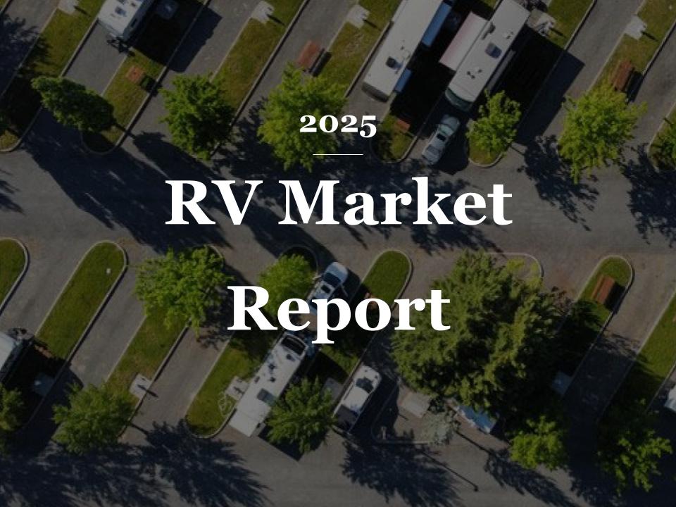 Aerial view of an RV park with rows of recreational vehicles parked along curved lanes lined with green trees, overlaid with the text “2025 RV Market Report.”