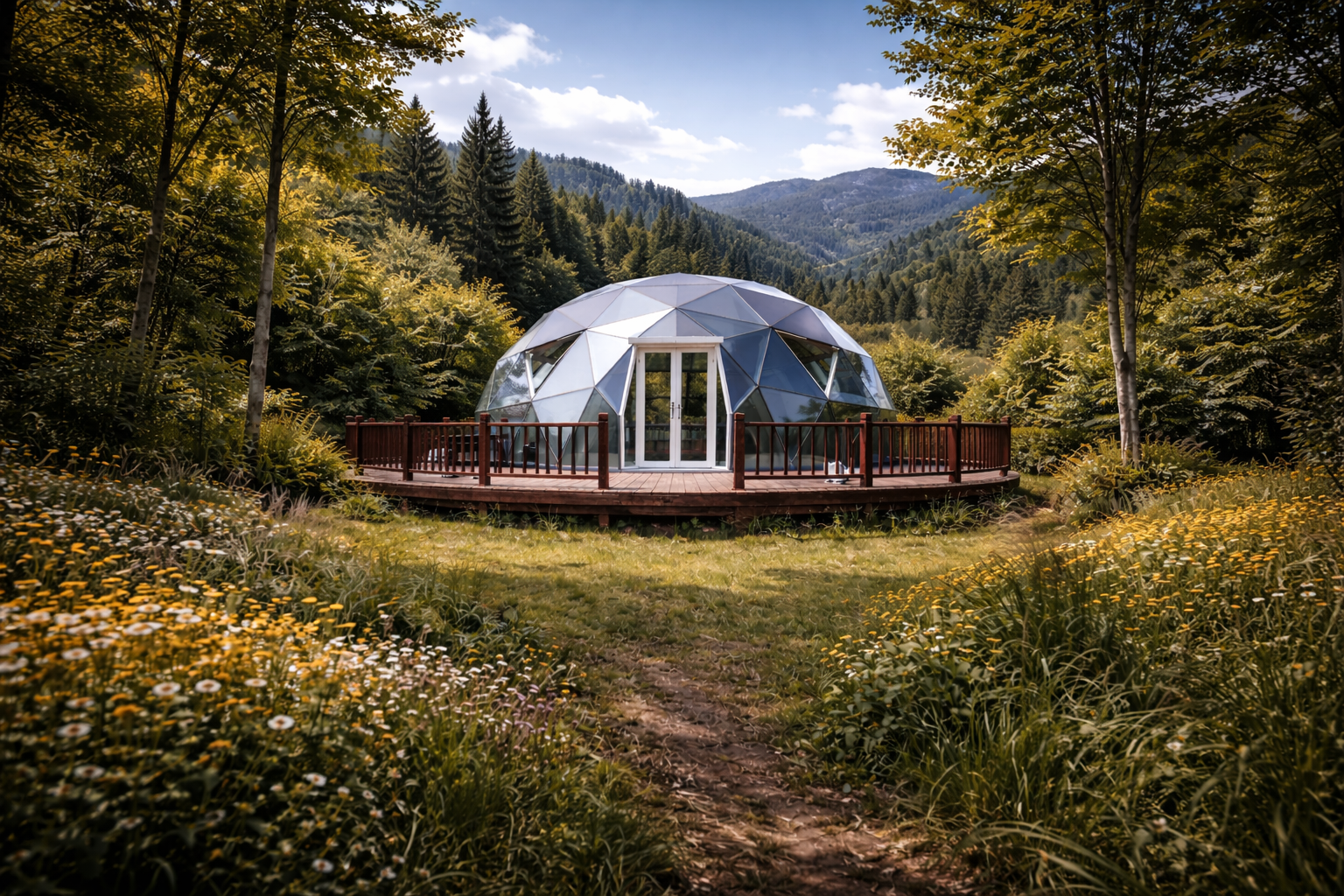 A geodesic glamping dome with transparent triangular panels and a white front door, situated on a circular wooden deck with a wood railing. The dome is nestled in a sunlit meadow filled with wildflowers and tall grasses, surrounded by green trees with forested mountains in the background under a partly cloudy sky.