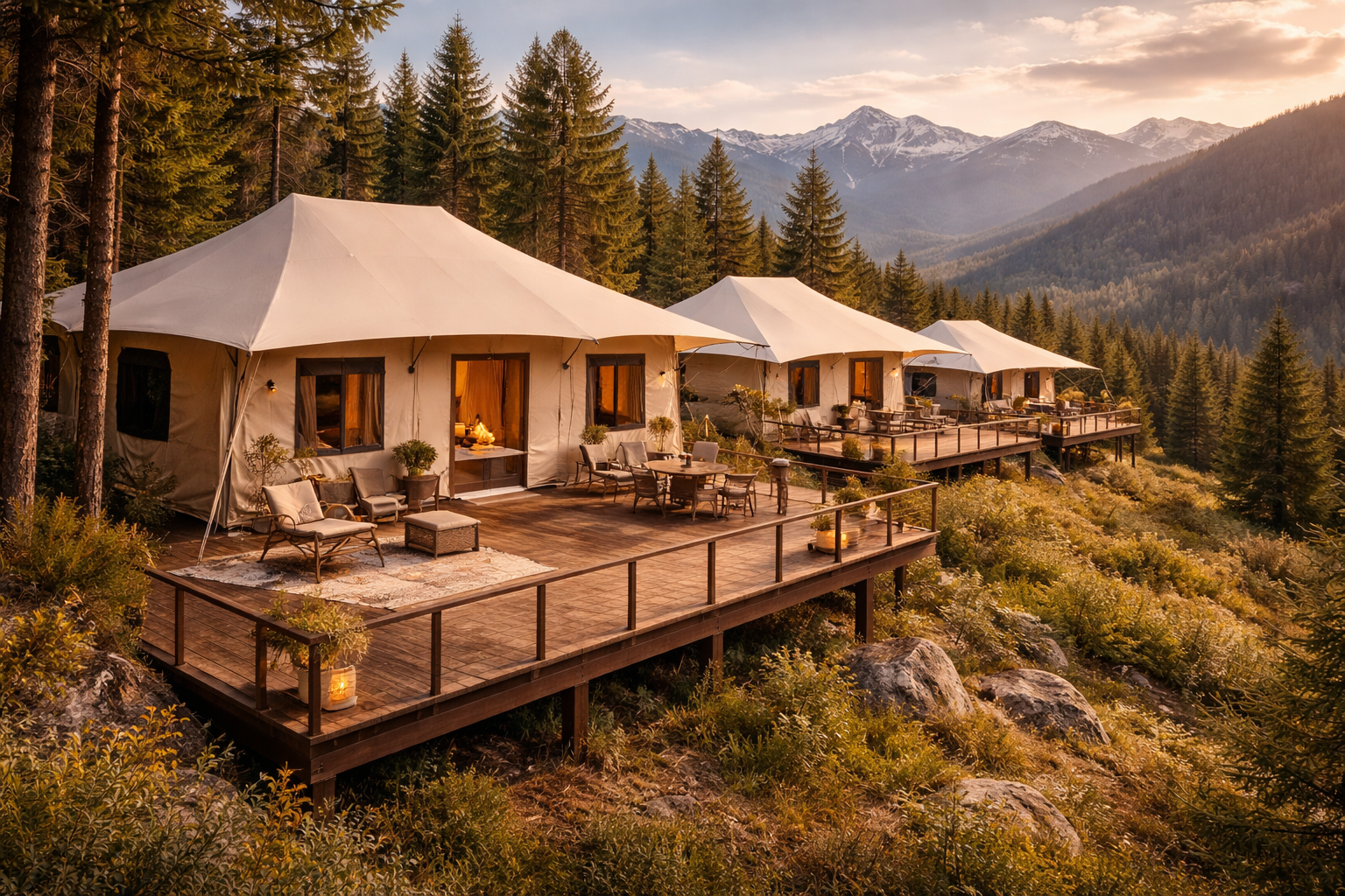 A row of luxury safari-style canvas glamping tents with peaked white roofs, built on an elevated wooden deck overlooking a forested mountain valley. Each tent has a private patio with seating and warm interior lighting visible through open doorways. Snow-capped mountain peaks rise in the distance under a golden sunset sky.
