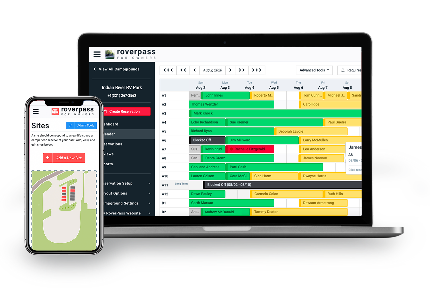 A product showcase image displaying the RoverPass software dashboard on both a laptop and a smartphone. The laptop screen shows a color-coded reservation calendar grid tracking various campsites (labeled A1 through B2) over a weekly view from August 2 to August 8, 2020. The smartphone in the foreground displays the mobile interface showing a "Sites" management page complete with a small, illustrated campground map.