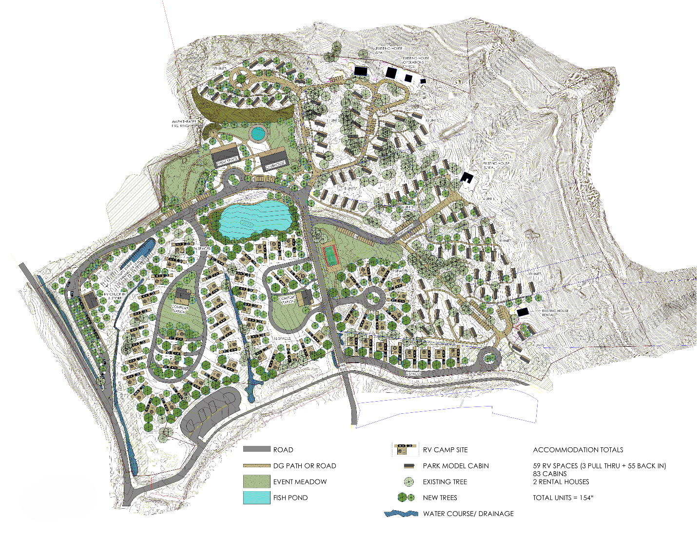 Bernard Architects site plan for an outdoor hospitality resort, featured in the Sage Outdoor Advisory Partner Spotlight. The full-color plan is drawn over topographic contour lines, showing curving roads and decomposed granite paths winding through wooded terrain, with clusters of RV camp sites and park model cabins distributed across the property. Green event meadows, a light blue fish pond, and a watercourse run through the center of the site, alongside a pool, comfort stations, an amphitheater, and an RV check-in store. A legend identifies roads, paths, event meadows, the fish pond, RV camp sites, park model cabins, existing and new trees, and drainage, along with accommodation totals of 59 RV spaces, 83 cabins, and 2 rental houses.